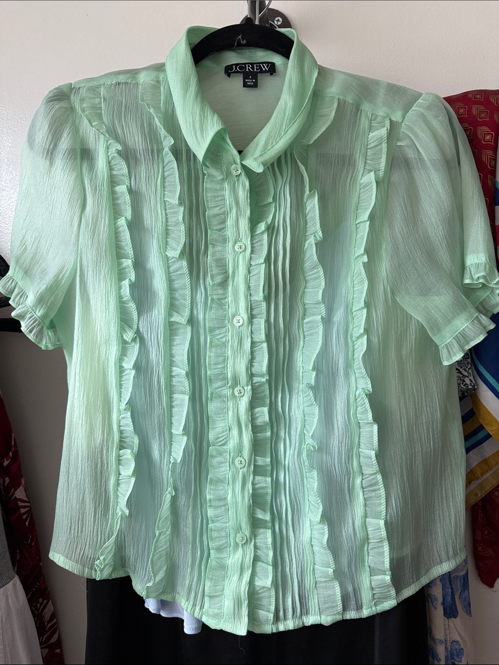 J. Crew Light Mint Ruffle-Trim Short Sleeve Blouse